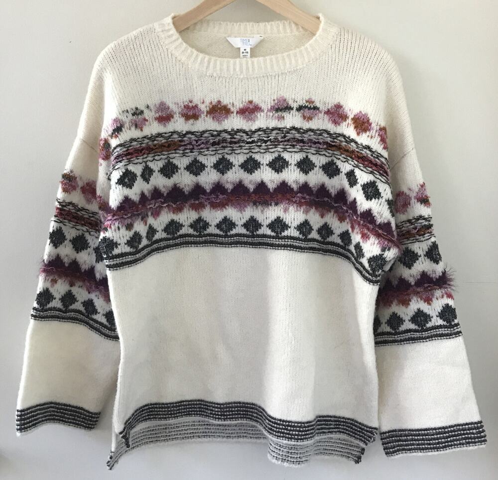 Time And Tru Fair Isle Style Cream Sparkle Knit Pullover Sweater Medium 8-10 50"